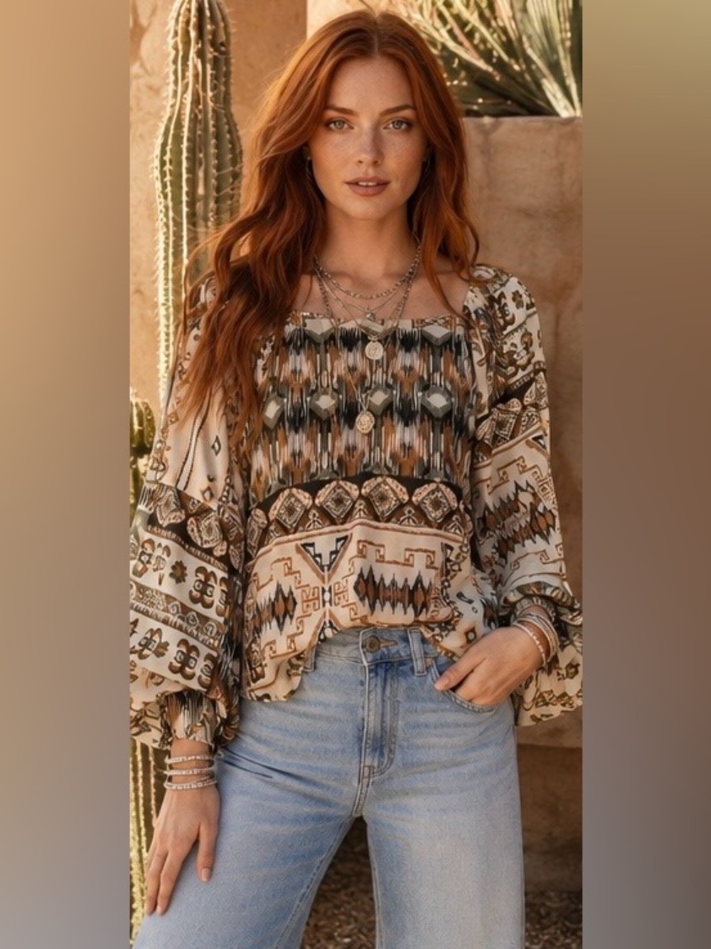 Calvin Klein Boho Southwestern Print Blouse Balloon Sleeve Peasant Top | Size M